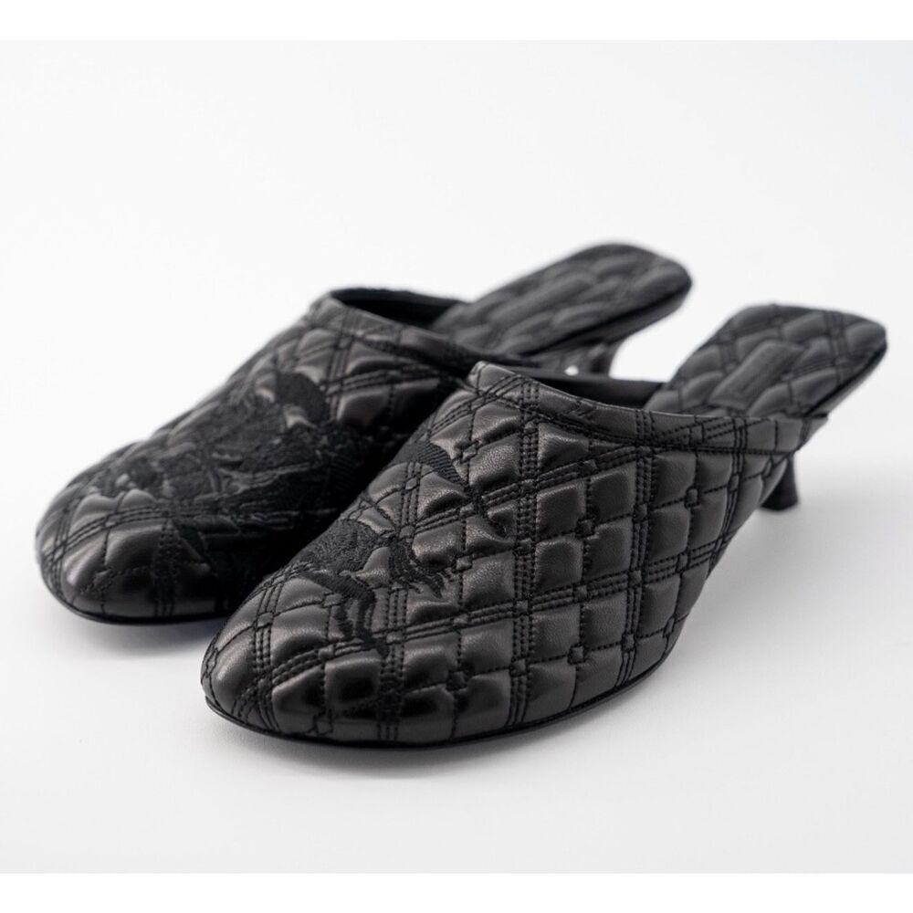 Burberry Leather Kitten Heel Baby Mules in black with an embroidered Equestrian